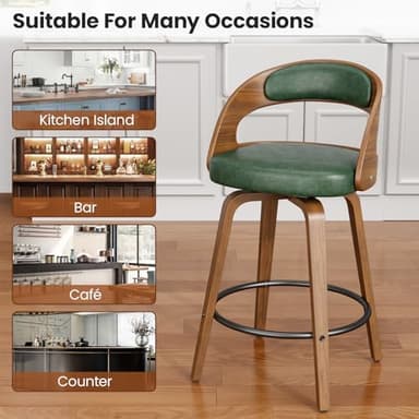 REONEY Swivel Bar Stools Set of 3, 26" Counter Height Bentwood Barstool, Mid-Century Modern PU Leather Upholstered Bar Chair with Back and Footrest, for Kitchen Island, Bar, Cafe, Dining Room, Green - Image 9