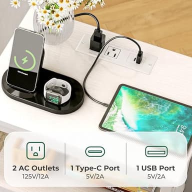 Huuger Nightstand with Charging Station, Side Table with 2 Fabric Drawers, End Table with Open Shelf, Bedside Table with USB-C Port and Outlets, Night Stand, PU Leather, White - Image 5