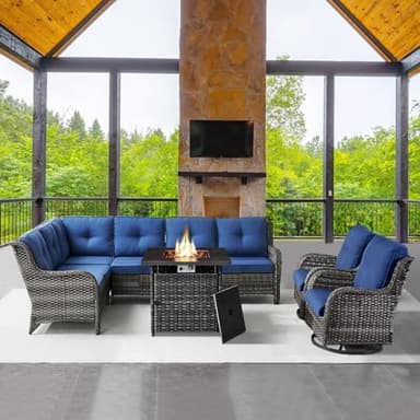 Belord Outdoor Sectional Furniture Sofa Set with Propane Fire Pit Table, Wicker Patio Conversation Set with 2 Swivel Rocker Glider Chairs Blue Cushion Perfect for Backyard Casual Gathering - Image 5