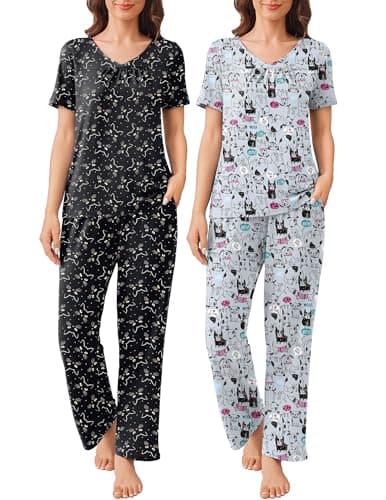 Ekouaer Women'S Pajama Sets, 2 Pack Womens Pajama Sets Short Sleeve with Long Pant Pjs Sleepwear Grey Dog Black Cat XX-Large - Image 1