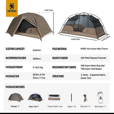 OneTigris COSMITTO 2 Person Backpacking Tent Shelter- Free Standing Lightweight Waterproof 3 Season Camping Tent for Outdoor Hiking Mountaineering - Image 5