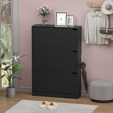 BORNOON Shoe Storage Cabinet with 3 Flip Drawers,Narrow Shoe Rack Cabinet,Freestanding Organizer Storage for Entryway, Hallway, Black - Image 3