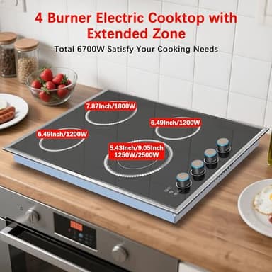 30 Inch Electric Cooktop, 4 Burner Electric Stove Top with Knob Control, 6700W Stove Top Burner with Overheat Protection, Child Lock, Timer, Durable Metal Frame, Bulit-in Glass Top 220-240V Hardwired - Image 2