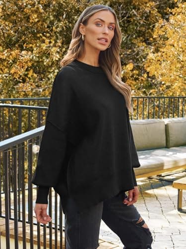LILLUSORY Women's Oversized Batwing Sweaters 2025 Fall Outfits Trendy Crewneck Knit Side Slit Fashion Pullover Tops Black L - Image 5
