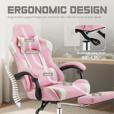 DUMOS Ergonomic Gaming Office Desk Chair with Footrest and Headrest for Adults, PU Leather Video Computer Chair with Linkage Armrests, Height Adjustable 360° Swivel Recling Chair, White Pink - Image 4