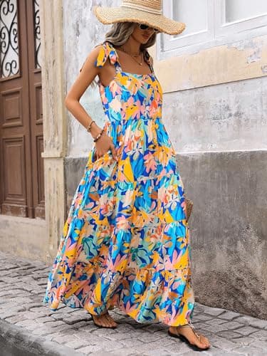 PRETTYGARDEN Summer Dresses for Women 2025 Sleeveless Spaghetti Strap Long Floral Maxi Dress Boho A Line Beach Sundresses(Multicolored Blue,X-Large) - Image 3