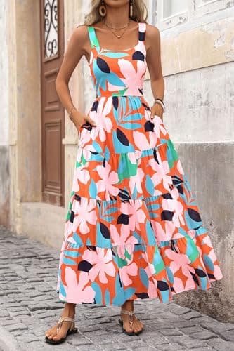 PRETTYGARDEN Women's Summer Floral Maxi Dress Sleeveless Smocked Ruffle Long Flowy Beach Vacation Boho Sundresses (Floral Orange Pink,Large) - Image 8