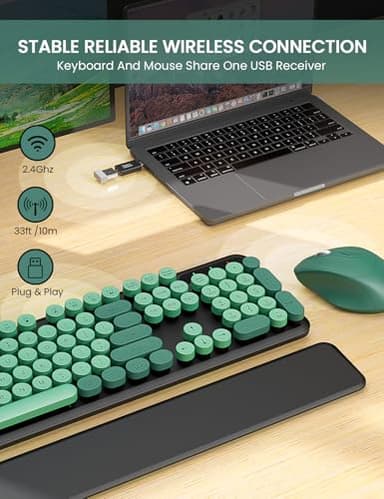 Wireless Keyboard and Mouse Combo - Cute Typewriter Keyboard with Detachable Wrist Rest, Retro Round Keycaps, Foldable Legs, 2.4GHz Keyboards for PC Laptop, Mac, Windows - Trueque (Black and Green) - Image 4