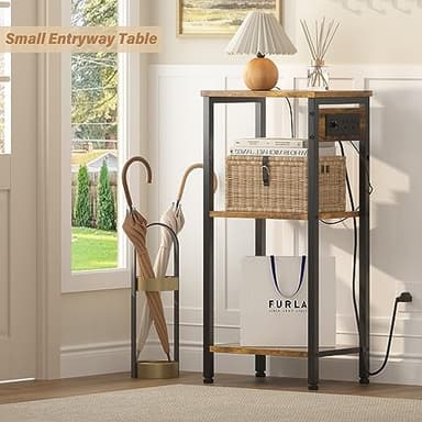 Asgolion Tall End Table with Charging Station, 3 Tier Narrow Tall Nightstand with Storage, Slim Side Table with USB Ports and Outlets for Bedroom, Living Room, Office, Rustic Brown and Black - Image 2