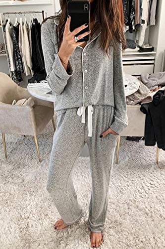 Aamikast Women's Two-piece Classic knit Pajama Sets Long Sleeve Button Down Sleepwear (S, Light Gray) - Image 5