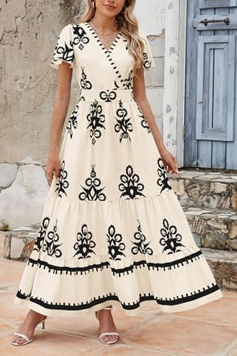 PRETTYGARDEN Womens 2025 Summer Casual V Neck Boho Maxi Dress Flowy Aline Bell Sleeve Tiered Floral Dresses with Pocket - Image 5