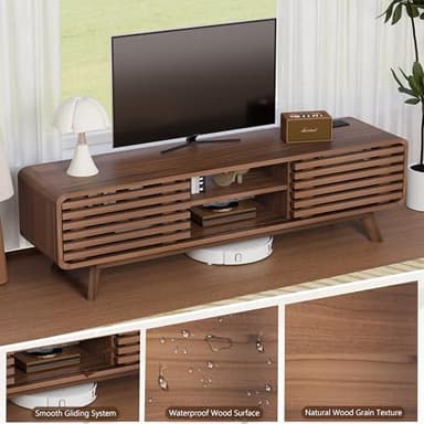 Royal Windsor Modern TV Stand for Living Room, Media Console Cabinet with Socket, Large Entertainment Center with Storage, TV Table with Slatted Sliding Doors and Open Shelves, Reddish Brown - Image 7