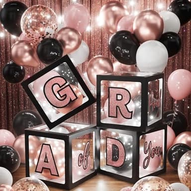 Graduation Party Decorations Class of 2025-86 PCS Grad Party Supplies With LED Light Strings Balloon Block Boxes with Letters Foil Curtain Backdrop 2025 Balloon Garland Kit - Black Pink Rose Gold - Image 3