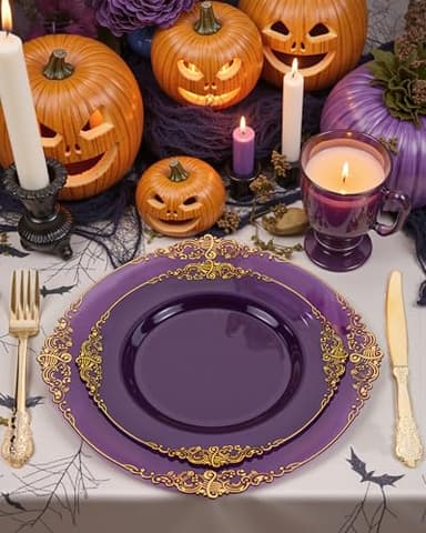 Nervure 350PCS Purple Plastic Plates - Purple Plastic Dinnerware Sets for 50 Guests - 100 Disposable Plates, 150 Gold Silverware, 50 Cups, 50 Napkins for Wedding & Party - Image 4