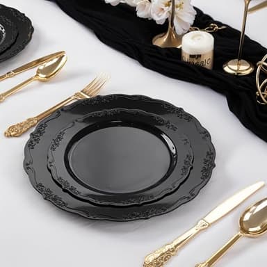 DaYammi 60PCS Black Plastic Plates, Heavy Duty Black Disposable Plates Premium 7.5 inch Dessert Cake Salad Appetizer Plates Hard Plastic Plates Disposable for Halloween Party - Image 4