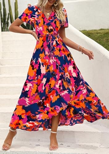 PRETTYGARDEN Women's Summer Wrap Maxi Dress Casual Boho Floral V Neck Short Sleeve Ruffle Hem Split Beach Long Dresses (Blue Orange Floral,Small) - Image 6