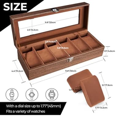 Ohuhu Watch Case Watch Organizer for Men PU Leather 6 Slot Watch Holder Real Glass Lid Jewelry Organizer Storage Soft Velvet Watch Display Case for Women Birthday Fathers Day Valentine's Day Gifts - Image 5