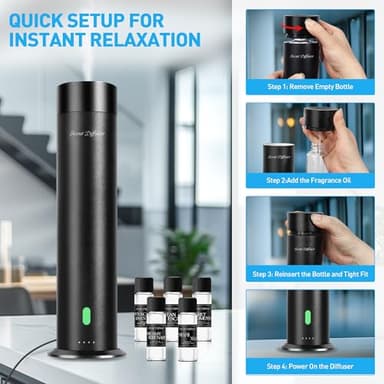 Waterless Scent Diffuser Starter Kit - 800 Sq Ft Coverage, Hotel Scent Diffuser, Essential Oil Diffuser Large Room, Included 5 Scent Oils, Remote Control, Black, 11.20In - Image 5