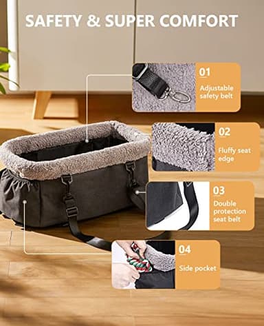 BurgeonNest Dog Car Seat for Small Dog, Center Console Pet Booster Seat with Metal Frame, Upgraded Puppy Carseat with Double Protection Seat Belts, Washable Cushion, Safety Leash and Storage Pocket - Image 5