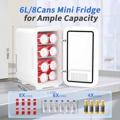 YASHE Mini Fridge, 6 Liter/8 Can 110V AC/DC Portable Thermoelectric Cooler Refrigerators for Bedroom, Skincare, Beverage, Office, Dorm Room and Car, White - Image 2