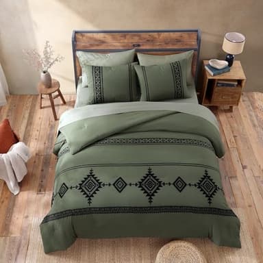 MAIREVE Olive Green Embroidery Comforters Set Queen Size - 7 Pieces, Farmhouse Western Bedding All Season Bed in A Bag Queen, Boho Comforter Set with Sheets, Pillowcases & Shams - Image 4