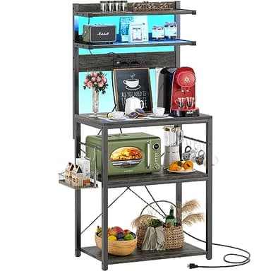 Aheaplus Bakers Rack with Power Outlet, Microwave Stand, 5 Tiers Coffee Bar Station with Led Lights, Kitchen Storage Shelf with 6 S-Shaped Hooks, Kitchen Rack for Spices, Pots and Pans, Black Oak - Image 1
