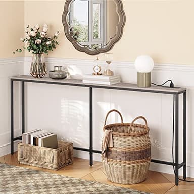 MAHANCRIS 70.9'' Console Table with Power Outlet, Narrow Sofa Table, Industrial Entryway Table with USB Ports, Behind Couch for Entryway, Hallway, Foyer, Living Room, Greige CTHG18E01Z1 - Image 2