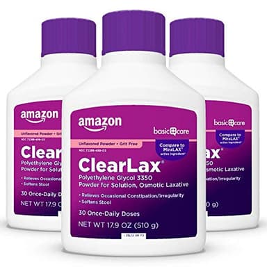 Amazon Basic Care ClearLax, Polyethylene Glycol 3350 Powder for Solution, Osmotic Laxative, Unflavored, 1.11 pound (Pack of 3) - Image 1