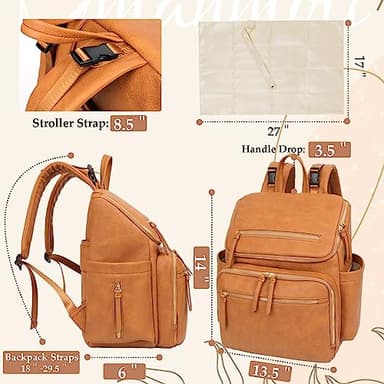 Omanmoli Diaper Bag Backpack Large Baby Diaper Bag Leather with 17 Diaper Bag Organizing Pouches,Changing Pad,Stroller Straps,4 Insulated Pockets,Honey - Image 5