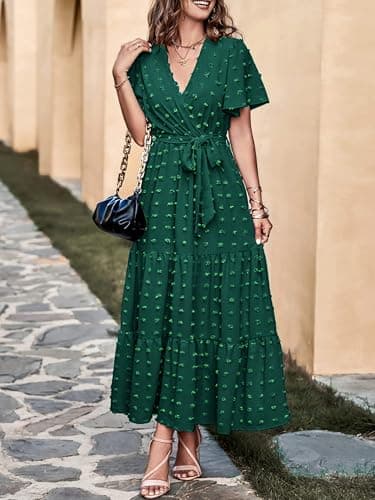 MASCOMODA Womens Boho Swiss Dot Maxi Dresses Wrap V Neck Flutter Short Sleeve Solid Tie Belt A Line Tiered Flowy Long Dress(Dark Green,Small) - Image 3