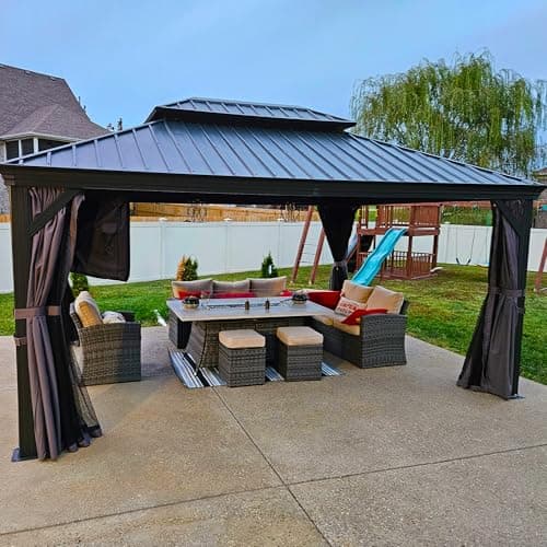 PURPLE LEAF 12' X 16' Permanent Hardtop Gazebo Aluminum Gazebo with Galvanized Steel Double Roof for Patio Lawn and Garden, Curtains and Netting Included, Grey - Image 1