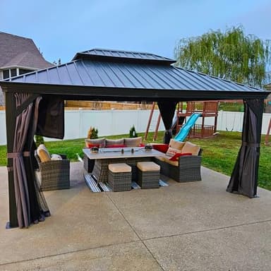 PURPLE LEAF 12' X 16' Permanent Hardtop Gazebo Aluminum Gazebo with Galvanized Steel Double Roof for Patio Lawn and Garden, Curtains and Netting Included, Grey - Image 1