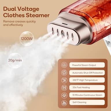 Newbealer Dual Voltage Garment Steamer - 120V/220V, 1200W Powerful Steamer for Clothes, Home & Travel Use, Horizontal & Vertical Steaming, 20s Heat-up, Foldable, 1.72lbs, 180ml (Gold) - Image 4