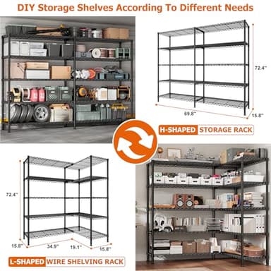 REIBII 1600LBS Storage Shelves 69.8''W Metal Shelving 5 Tier Wire Shelving Unit,Pantry Shelves Kitchen Shelves Adjustable Wire Commercial Shelf for Garage Storage Shelves, 69.8" Wx15.8 Dx72.4 H, Black - Image 8