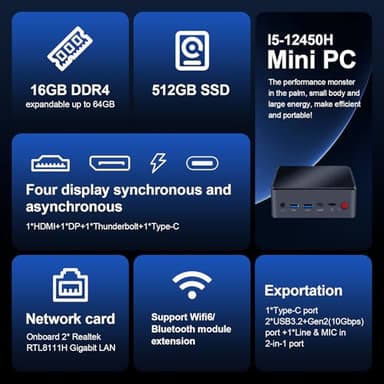 LIMYEE Mini PC Intel i5 12450H(8C/12T, up to 4.4GHz), 16GB DDR4 512GB SSD, Quad Display 4k, WiFi6/BT5.2/Dual Gigabit LAN,RTL8111H x2,USB 3.2+USB 2.0 x2,Mini Desktop Computer - Image 2
