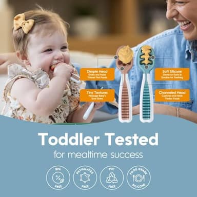 NumNum Baby Spoons Set, Feeding Littles x Silicone Pre-Spoon GOOtensils for Baby Led Weaning, Self-Feeding & Teething, First Stage Toddler Utensils for Ages 6+ Months, 3-Pack, BPA-Free (Neon) - Image 5