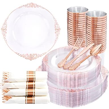Nervure 350PCS Rose Gold Plastic Plates - Rose Gold Plastic Dinnerware Sets for 50 Guests - 100 Disposable Plates, 150 Silverware, 50 Cups, 50 Napkins for Wedding & Party - Image 1