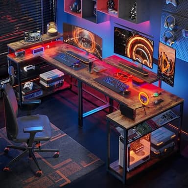 Bestier Gaming Desk with Power Outlets, 42" L-Shaped Gaming Desk with LED Lights, Desk with Reversible Storage Shelves & Hooks for Small Spaces, Bedrooms & Offices,Rustic Brown - Image 9
