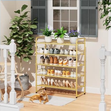 SUFAUY 33" Wide Shoe Rack, 5-Tier Shoe Storage Rack for 24-30 Pairs of Shoes, Mesh Shoe Organizer for Entryway Closet, Steel Frame, Industrial, Gold - Image 6