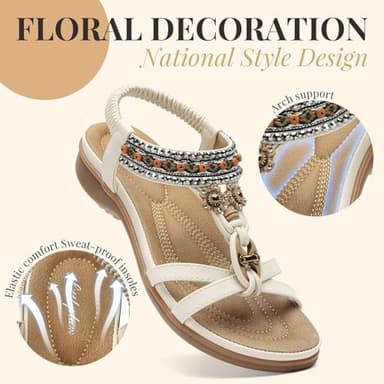 Littleplum Womens Sandals Arch Support Bohemian T-Strap Flower Rhinestone Sandals Women's Non Slip Summer Beach Flat Sandals Cream White Size 7 - Image 3