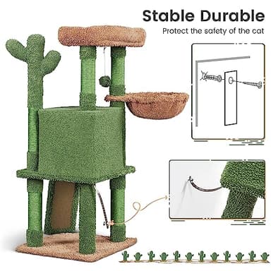 Yaheetech Cactus Cat Tree, 42in Cat Tower for Indoor Cats, Multi Level Kitten Condo Scratching Post, Cat Activity Center Pet Furniture w/Ball, Plush Perch, Platform, Basket - Image 9