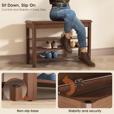 IUNVR Shoe Rack Bench Seat Rubberwood 3-Tier Wooden Storage Bench 550lbs Compact Mid-Century Modern Design for Entryway, Hallway, Closet, Front Door Entrance, Foyer - Image 7