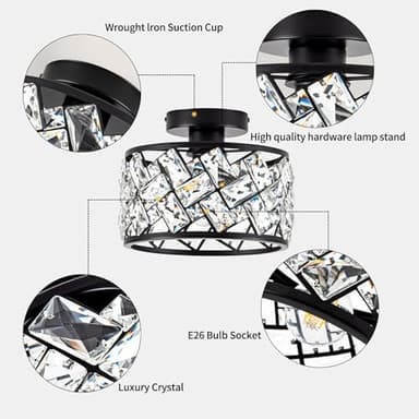 Rpzloila Crystal Ceiling Light Fixture, Modern Semi Flush Mount Ceiling Light,Crystal Chandelier for Kitchen Bedroom Bathroom Entryway, Black Finish - Image 7