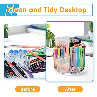 Mefirt Acrylic Pen Holder, 360 Degree Rotating Pen Organizer, Rotating Desk Acrylic Office Organizer with 6 Compartments, Marker Organizer for Kid, Crayon Caddy School Art Supply Storage Organizer - Image 7
