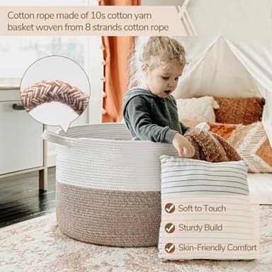 INDRESSME XXXLarge Cotton Rope Basket 21.7" x 21.7" x 13.8" Woven Baby Laundry Blanket Basket Toy Baskets with Handle Storage Comforter Cushions Thread Laundry Hamper Home Decor Living Room - Image 3