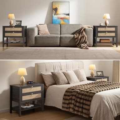 SICOTAS Night Stand Set of 2, Large Nightstand with Drawers and Storage Shelf - Rattan Boho Bedside Table Narrow Side Table for Bedroom, Small Space - Image 7