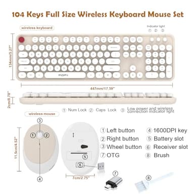 Cream Wireless Keyboard Mouse, COOFUN 104 Keys Full Size White Keyboard Ergonomic Cordless Keyboards Cute Colorful Retro Typewriter Key Board for Windows, PC, Laptop, Desktop (Creamy) - Image 5