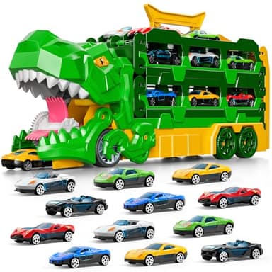 iHaHa Dinosaur Race Track Toys for Ages 3-4 4-6, 59-inches Transport Dinosaur Truck with 12 Die-cast Cars, Carrier Truck Toy Birthday Gifts Toys for 3 4 5 6 Year Old Boy - Image 8