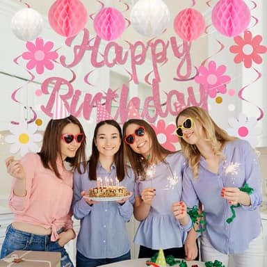 YEOCU Birthday Decorations, NO DIY, Pre-Strung Happy Birthday Banner with Honeycomb Balls, Hanging Swirls, Circle Dots Garland, Happy Birthday Party Decorations for Women Men Boys Girls (Pink) - Image 4
