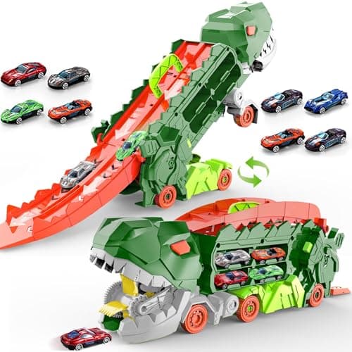 Dufuntotoys City Dinosaur Ultimate Hauler Track Toy for Boys, Transforms into Stomping Dinosaur with Race Track Ultimate Transporter Hauler Toddler Toys Gifts for Kids Birthday (4 Cars) - Image 1